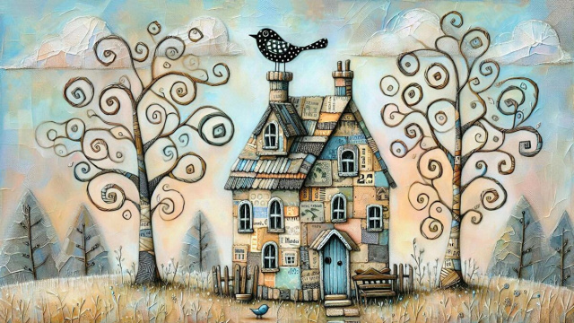 Immagine Naif con alberi, casetta e uccellini - &copy; Copilot IA.