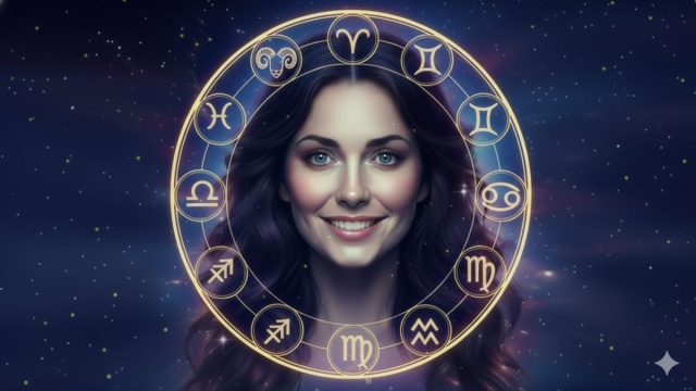 Donna circondata dai simboli zodiacali &ndash; &copy; Copilot IA.