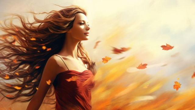 Donna con capelli al vento e foglie che volano &ndash; &copy; Copilot IA.