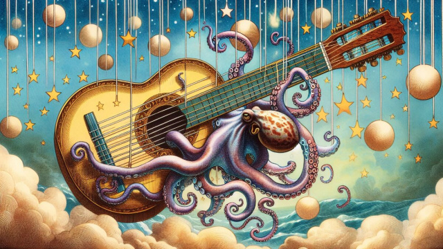 Numero 67 della Smorfia napoletana per la Bilancia, 'o purpo into'&acirc; chitarra. &copy; Immagine creata con Dall-E