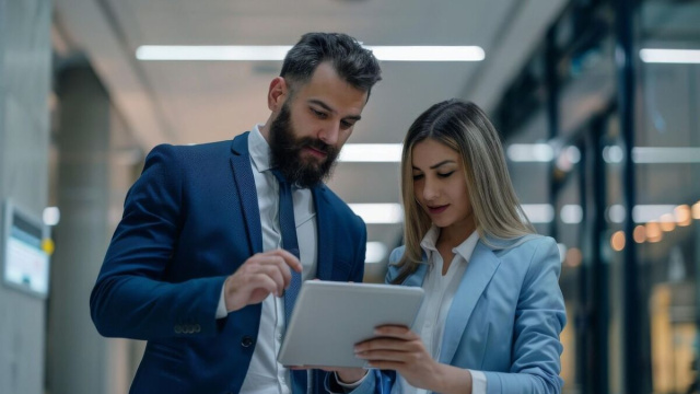 Un uomo e una donna al lavoro consultano un tablet &copy; Pixabay.