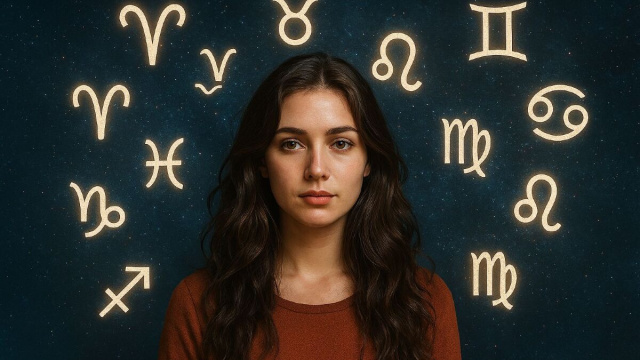 Donna circondata dai simboli zodiacali &ndash; &copy; Copilot IA.