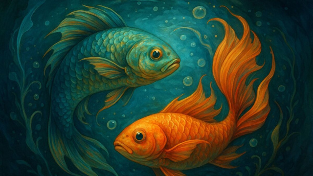 Illustrazione ispirata al segno zodiacale dei Pesci. &copy; Immagine creata con Dall-E