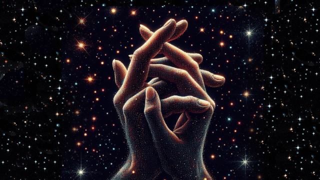 Mani intrecciate tra le stelle - &copy; Pixabay IA.