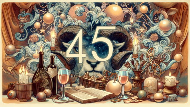 Numero 45 della Smorfia napoletana, simbolo di buon vino e convivialit&agrave; per l'Ariete. &copy; Immagine creata con Dall-E
