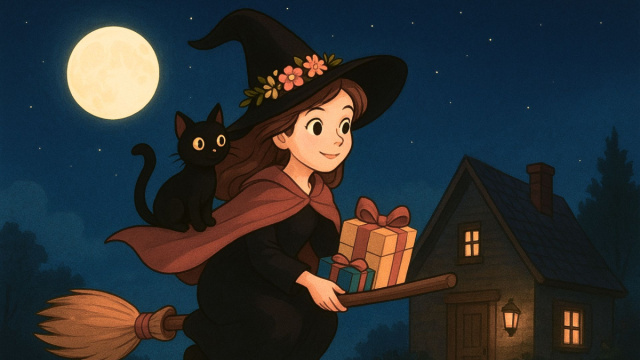 La befana sulla scopa vola con regali e gattino nero - &copy; Pixabay IA.