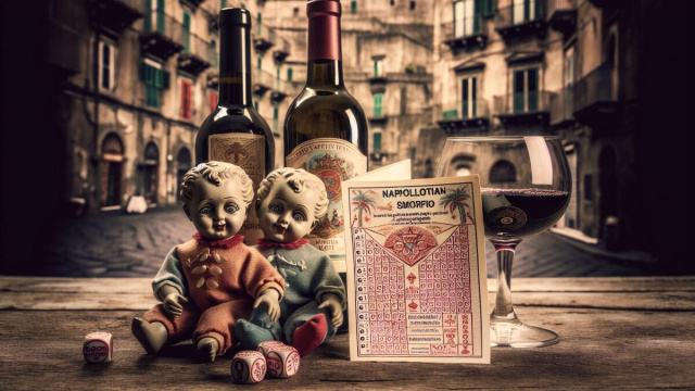 Numero 45 della Smorfia napoletana, 'o vino bbuono, segno dei Gemelli. &copy; Immagine creata con Dall-E