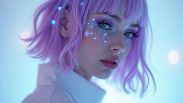 Donna con capelli viola e punti luce sul volto &ndash; &copy; Pixabay IA.