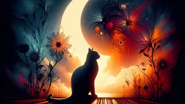 Sagoma di gatto con fiori e luna - &copy; Pixabay IA.