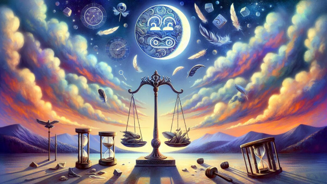 La Bilancia presenta la chiave dell&rsquo;equilibrio in una giornata immobile di note dolcemente dissonanti. &copy; Immagine creata con Dall-E