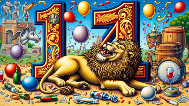 Numero 14 della Smorfia napoletana, l'ubriaco per il Leone. &copy; Immagine creata con Dall-E