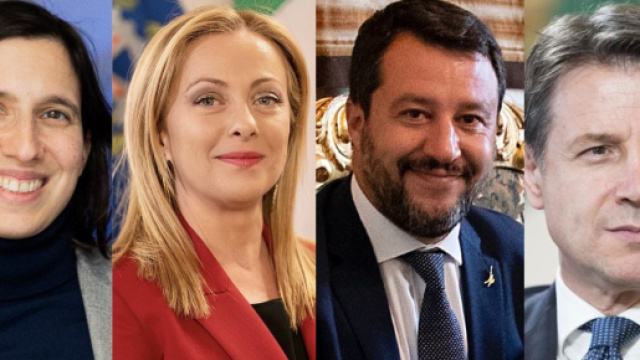Elly Schlein, Giorgia Meloni, Matteo Salvii e Giuseppe Conte (&copy; Wikimedia commons)