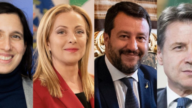 Elly Schlein, Giorgia Meloni, Matteo Salvii e Giuseppe Conte (&copy; Wikimedia commons)