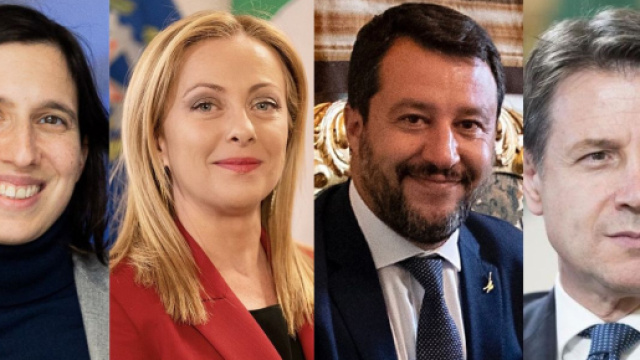Elly Schlein, Giorgia Meloni, Matteo Salvii e Giuseppe Conte (&copy; Wikimedia commons)