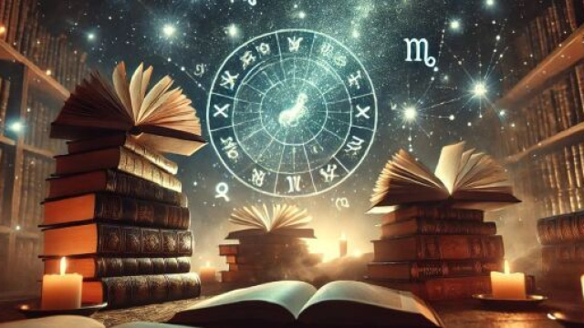 Pile di libri aperti e accatastati, illuminati dall'atmosfera magica e contemplativa astrale &copy; Immagine creata con Dall-E.