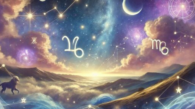 Simboli dello zodiaco circondati da stelle brillanti &copy; Immagine creata con Dall-E