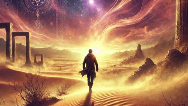 Un viaggiatore mistico che attraversa un paesaggio desertico onirico. &copy; Immagine creata con Dall-E