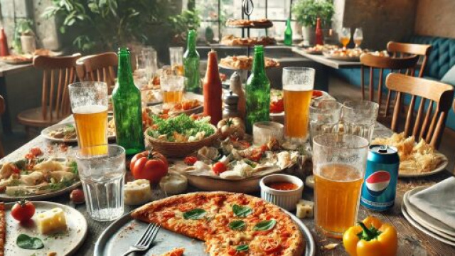 Un tavolo dopo un pasto in pizzeria con cibo avanzato &copy; immagine generata con IA.