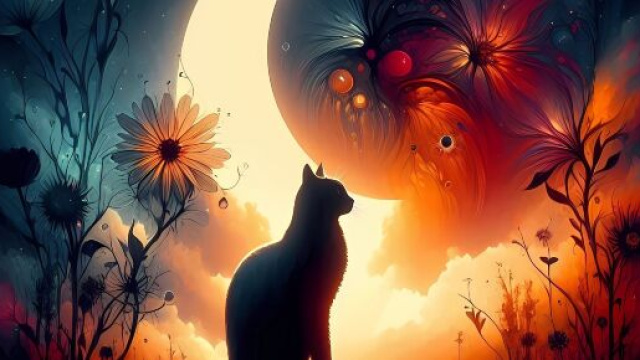 Gatto nero con falce di luna sullo sfondo - &copy; Pixabay