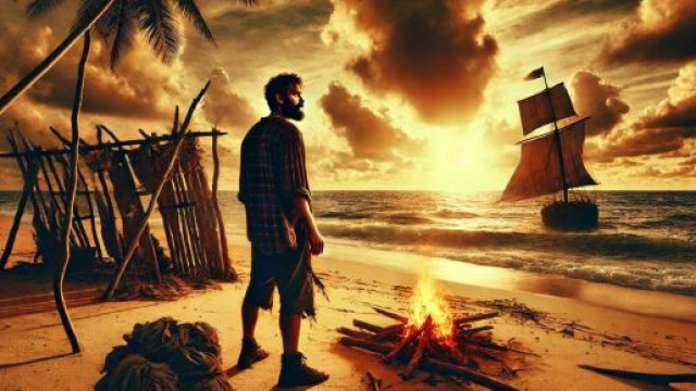 Un uomo solitario su un'isola deserta, ispirato a Cast Away. &copy; Immagine creata con Dall-E