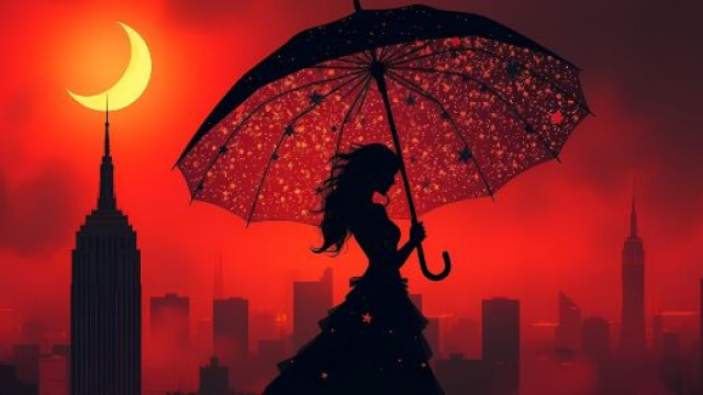 Sagoma femminile con ombrello, cielo rosso e luna &copy; Pixabay