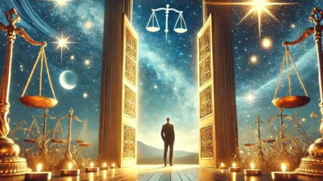 Un simbolico passaggio verso nuove opportunit&agrave; in serbo per la Bilancia, tra mistero e ottimismo. &copy; Immagine creata con Dall-E