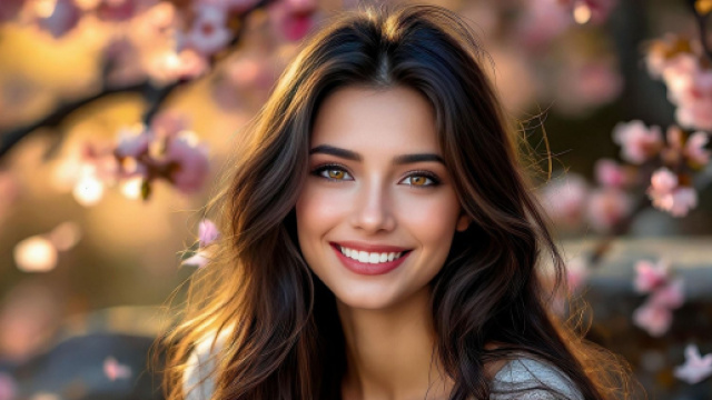 Volto di donna sorridente con fiori di pesco - &copy; Pixabay.
