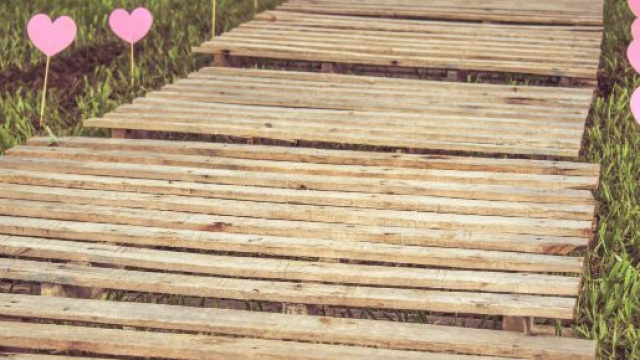 Sentiero fatto con assi di legno con accanto cuori rosa - &copy; Pexels