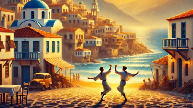 Immagine ispirata a Zorba il Greco, con l'atmosfera calda e libera di una danza sulla spiaggia al tramonto. &copy; Immagine creata con Dall-E