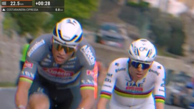 Tadej Pogacar e Mathieu Van der Poel alla Sanremo - &copy; Screenshot Eurosport