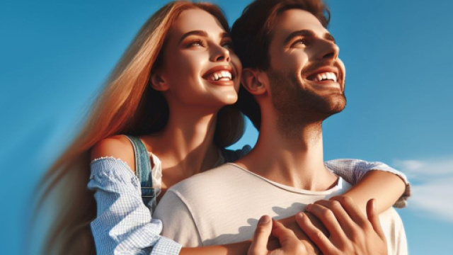 Coppia felice sorride pensando al futuro &copy; Bing IA