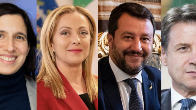 Elly Schlein, Giorgia Meloni, Matteo Salvini e Giuseppe Conte (&copy; Wikimedia commons)
