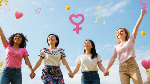 Donne sorridenti saltano felici, con cuori e mimose a fare da scenario - &copy; Gemini AI.