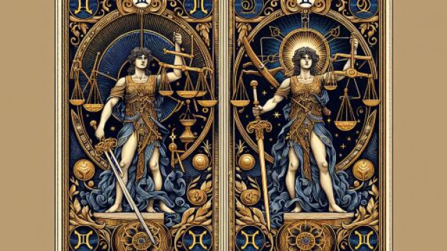 Rappresentazione della carta della Giustizia unita all'intricata natura dei Gemelli. &copy; Immagine creata con Dall-E