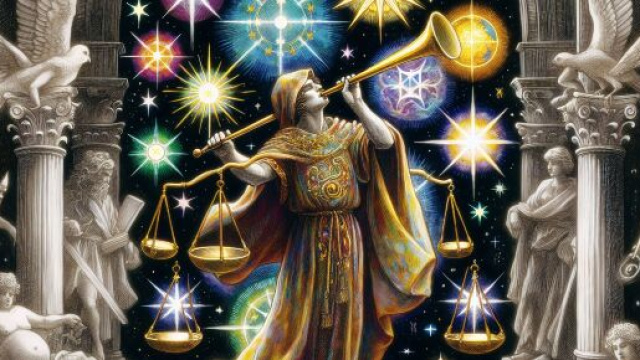 Un'immagine che rappresenta la carta del Giudizio del tarocco, abbinata al segno zodiacale della Bilancia. &copy; Immagine creata con Dall-E