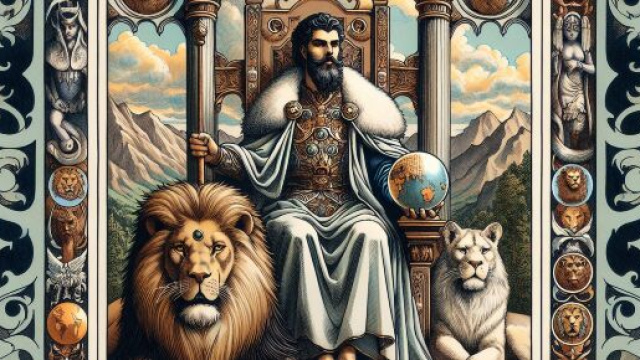 Un'interpretazione della carta dell'Imperatore dei Tarocchi abbinata al segno del Leone. &copy; Immagine creata con Dall-E
