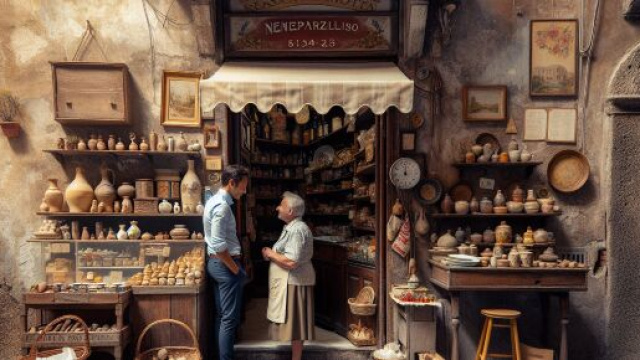 Illustrazione ispirata al numero 86 della Smorfia napoletana: 'a puteca, la bottega. &copy; Immagine creata con Dall-E
