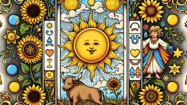 Il Sole dei tarocchi illumina il cammino del Toro portando energia e chiarezza. &copy; Immagine creata con Dall-E