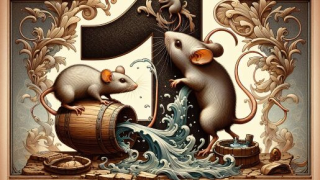 Numero 11 della Smorfia, Acquario circondato da topolini simbolo di astuzia e adattamento. &copy; Immagine creata con Dall-E