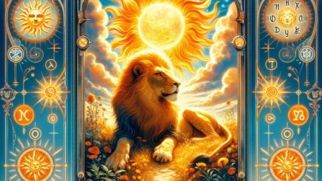 La carta dei tarocchi del Sole guida il Leone verso un giorno di rivelazioni. &copy; Immagine creata con Dall-E
