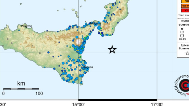 Mappa intensit&agrave; scala Mercalli del terremoto nel Mar Ionio tra Calabria e Sicilia &copy; Ingv