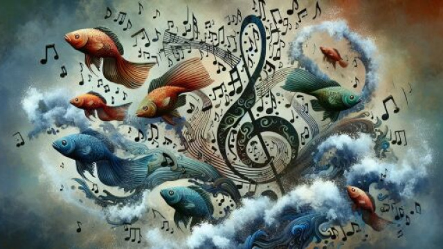 Illustrazione ispirata al segno zodiacale dei Pesci avvolto tra la musica. &copy; Immagine creata con Dall-E