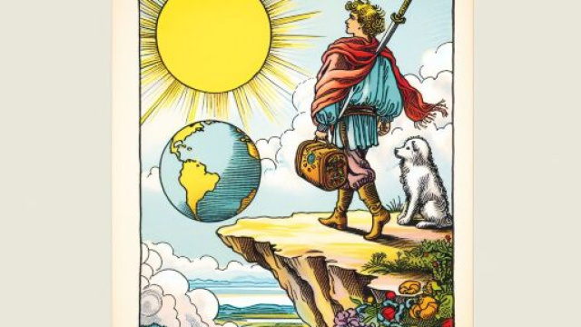 La carta dei tarocchi Il Matto guida l'Ariete verso nuovi orizzonti il 2 maggio. &copy; Immagine creata con Dall-E