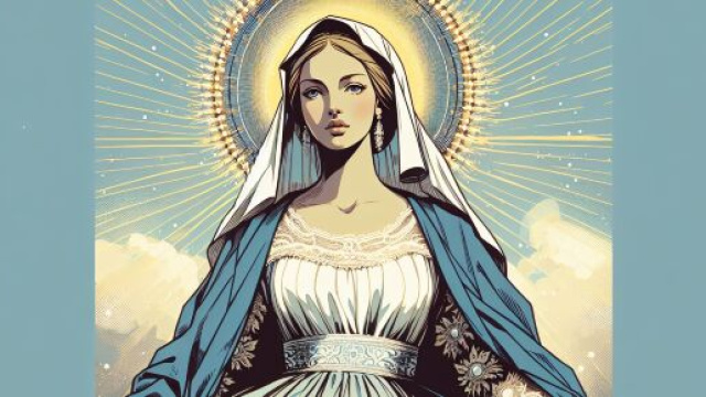 Associazione del numero 8 della Smorfia, la Madonna, con il segno della Vergine per l'oroscopo di domani. &copy; Immagine creata con Dall-E