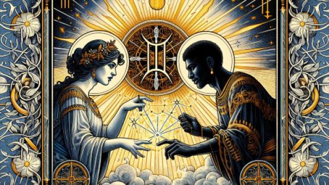 Descrizione del segno dei Gemelli con l'Arcano degli Amanti  Immagine creata con Dall-E