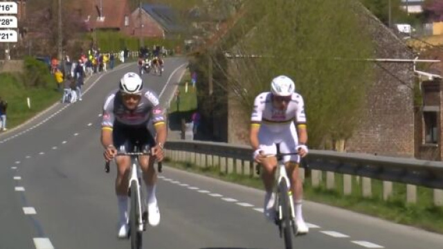 Tadej Pogacar e Mathieu Van der Poel al Fiandre - &copy; Screenshot Eurosport
