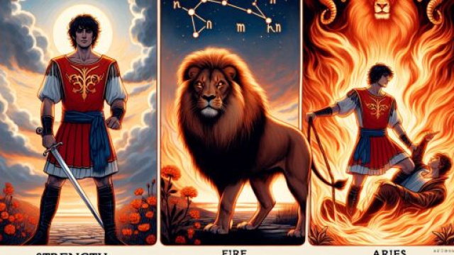 Carta della Forza nei Tarocchi per Ariete, simbolo di dominanza equilibrata. &copy; Immagine creata con Dall-E