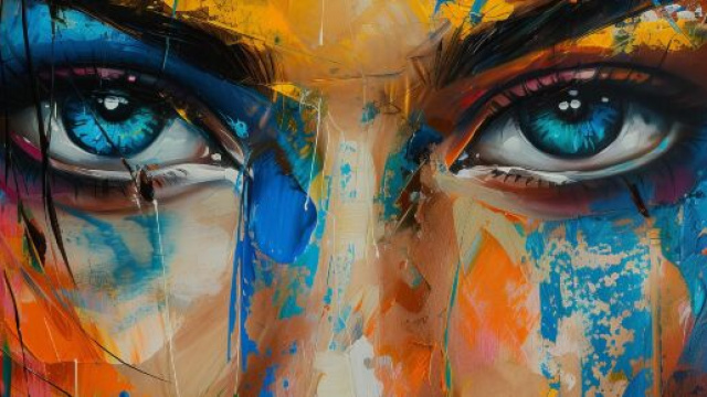 Donna con sguardo di ghiaccio e volto multicolore - &copy; Foto Pixabay IA.