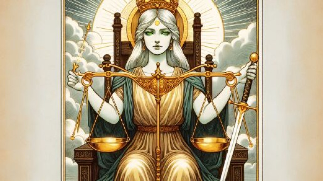 La carta della Giustizia guida le decisioni della Bilancia verso l'equilibrio. &copy; Immagine creata con Dall-E