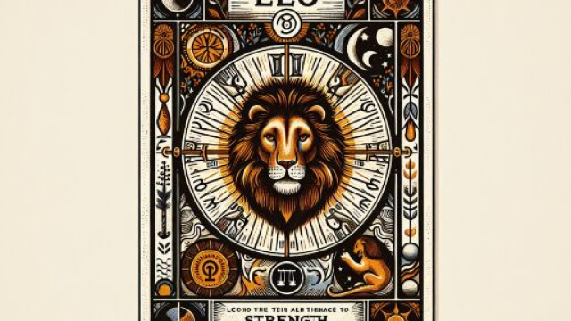 Immagine della carta dei tarocchi della Forza con simboli culturali per il Leone. &copy; Immagine creata con Dall-E